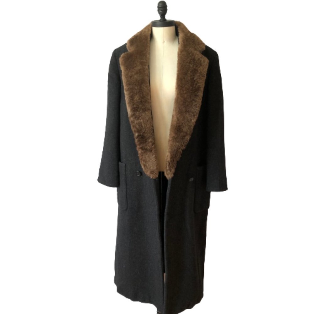 Vintage Perry Ellis Gray 100% Wool Fur Collar Dark Academia Coat USA ILGWU Made - Picture 6 of 16